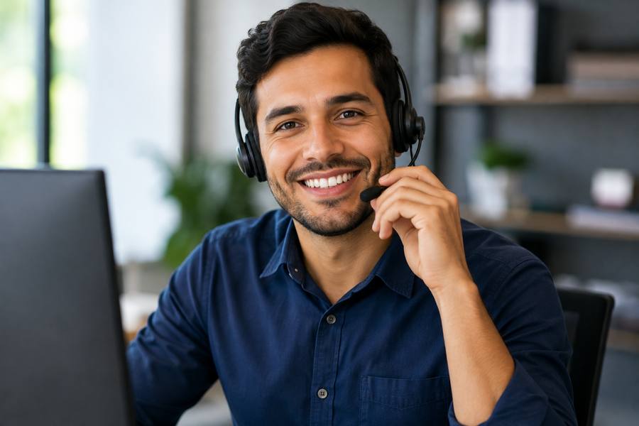 Atendente da Up! Soluções em Crédito sorridente, de headset, durante o atendimento