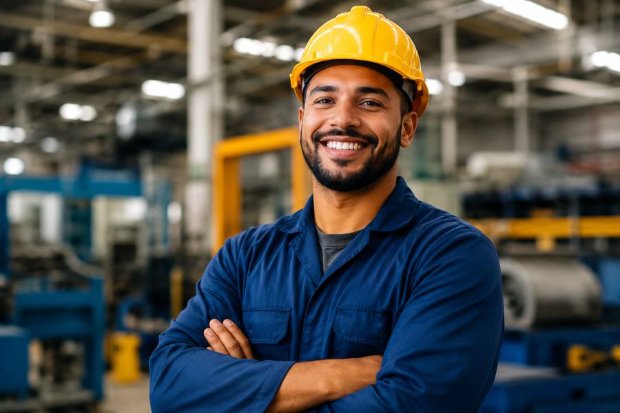 Trabalhador CLT sorridente, de uniforme e capacete, em ambiente industrial