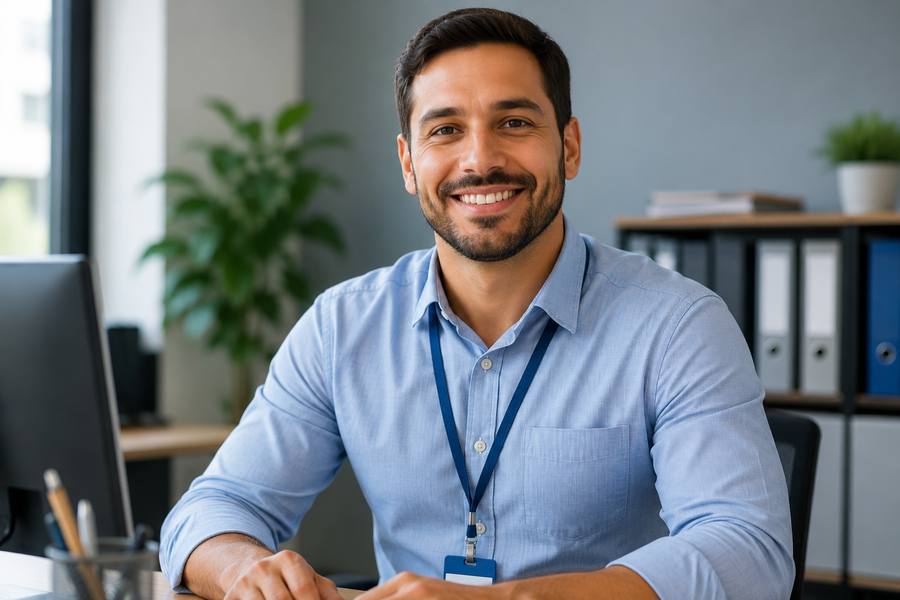 Servidor público sorridente em escritório, com crachá de identificação