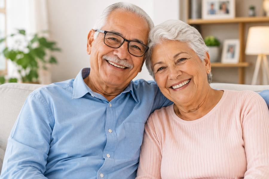 Casal de aposentados sorridente em casa